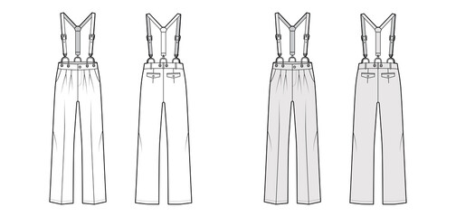 Fototapeta premium Suspender Pants Dungarees technical fashion illustration with full length, low waist, rise, pockets. Flat apparel garment bottom front back, white, grey color style. Women, men unisex CAD mockup
