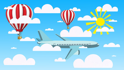 3d illustration of a bright blue sky with the sun and paper clouds, an airplane and air balloons. Travel, vacation concept.