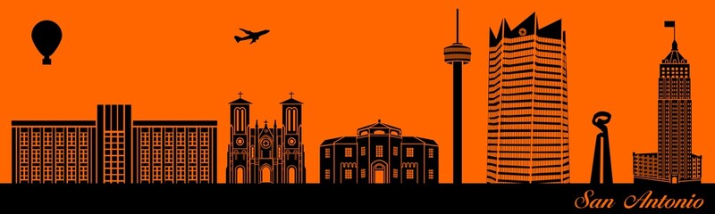 Vector city skyline silhouette - illustration, 
Town in orange background, 
San Antonio Texas