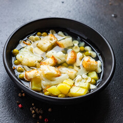 vegetable soup pasta first course broth, potatoe, cauliflower, carrot no meat vegetarian or vegan portion on the table meal snack top view copy space for text food background