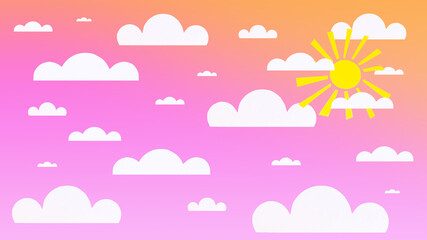 3d illustration of a bright sky at sunset with the sun and paper clouds. Bright summer sky background at sunset with sun and paper clouds.