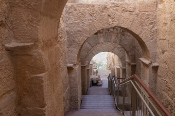 Partially  restored entrance to the ruins of the palace of King Herod - Herodion in the Judean Desert, in Israel