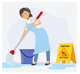 old woman as housekeeper is Cleaning The Floor with safety sign 'Caution wet floor' near her,Flat vector cartoon character For Cleaning Concept.