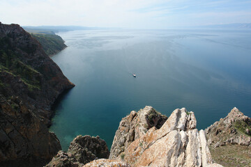 Picturesque view of Lake Baikal on a summer day from the rocks of Khoboy Cape - the most northern point of Olkhon island, Siberia, Russia