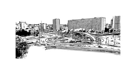 Building view with landmark of Katowice is an industrial city situated in the Silesian Region of southern Poland. Hand drawn sketch illustration in vector.