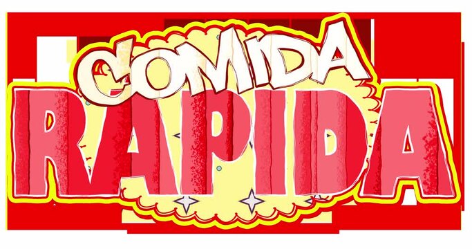 The inscription FAST FOODin Spanish on a transparent background stylized as a child's drawing or cartoon. Looped endless food and nutrition splash screen
