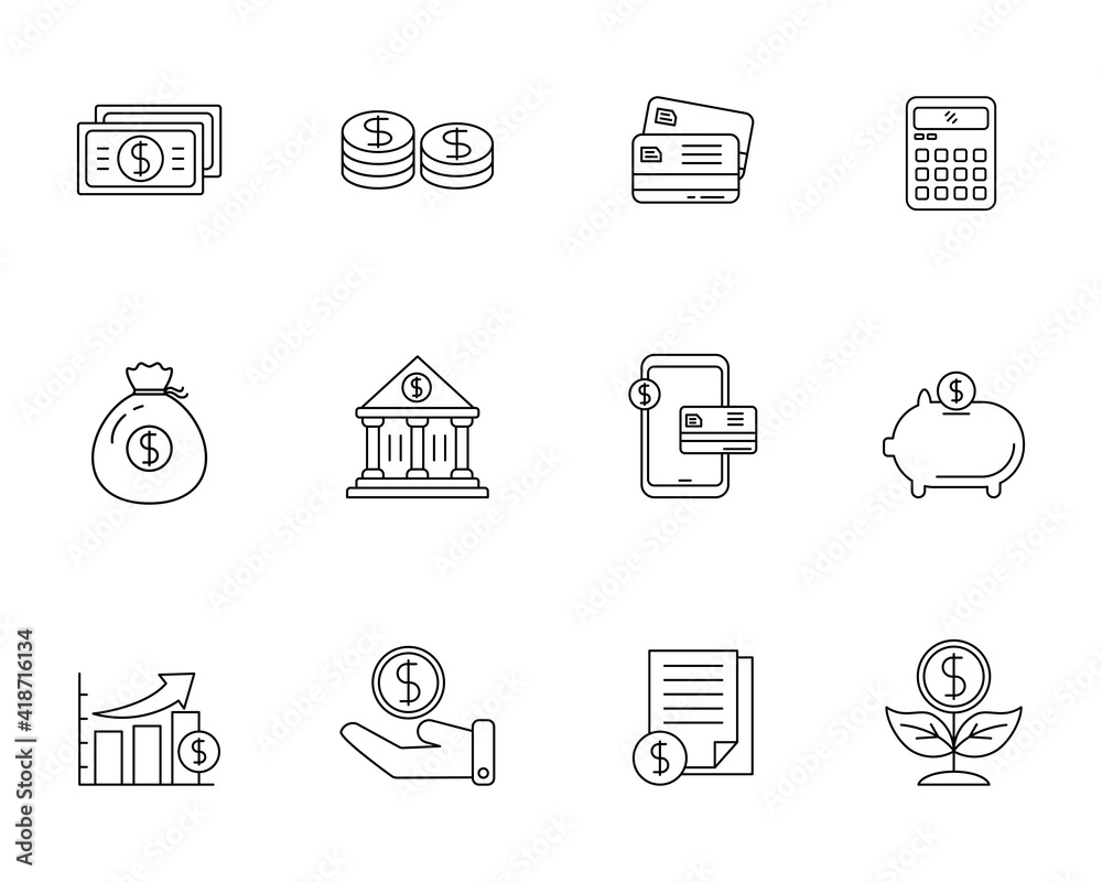 Canvas Prints set of money and finance icon with outline style isolated on white background