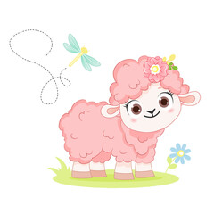Cartoon smiling vector pink sheep stay on white background. Illustration for kid
