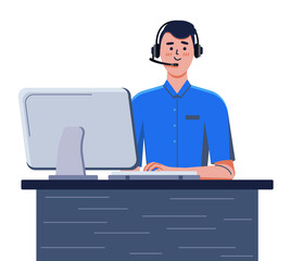 vector illustration, operator in call center headphones at the computer, support service
