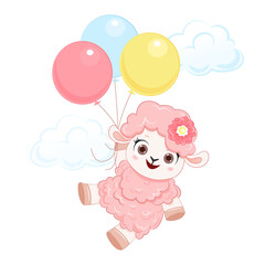 Cartoon smiling vector pink sheep with balloons. Illustration for kid