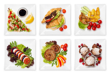 European cuisine food dishes for restaurant on white background