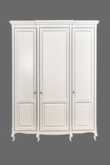 Three-section white wardrobe in classic style with carved legs isolated on grey background