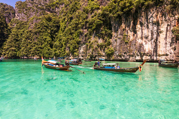 Beautiful turquoise ocean of Pileh Lagoon is a very beautiful place and one of the popular tourist attractions in Phi Phi Le island in Krabi, Thailand .