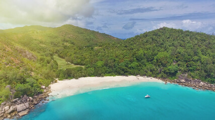 Seychelles Beach, aerial view from drone on a beautiful sunny day