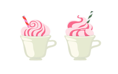 Ceramic mug. Strawberry topping. Ice cream, cocktail, milkshake, smoothie. Outline vector illustration on a white background.