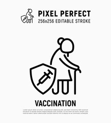 Coronavirus vaccination. Virus protection: elderly woman is protected by shield with vaccine. Immune system, antibiotics. Thin line icon. Pixel perfect, editable stroke. Vector illustration.