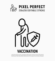 Coronavirus vaccination. Virus protection: elderly man is protected by shield with vaccine. Immune system, antibiotics. Thin line icon. Pixel perfect, editable stroke. Vector illustration.