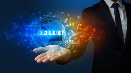 Elegant hand holding TECHNOLOGY inscription, digital technology concept