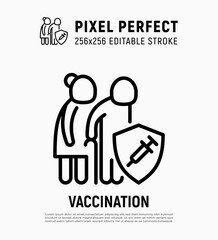 Coronavirus vaccination. Virus protection: elderly woman and elderly man are protected by shield with vaccine. Immune system. Thin line icon. Pixel perfect, editable stroke. Vector illustration.