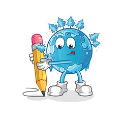 winter earth write with pencil character. cartoon mascot vector