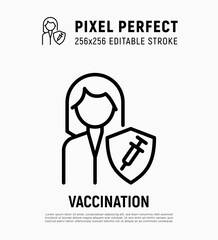 Coronavirus vaccination. Virus protection: woman is protected by shield with vaccine. Immune system. Thin line icon. Pixel perfect, editable stroke. Vector illustration.