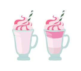 Glass mug. Strawberry topping. Ice cream, cocktail, milkshake, smoothie. Outline vector illustration on a white background.