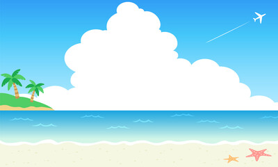 Fototapeta na wymiar 海と入道雲と椰子の木と飛行機雲のビーチベクターイラスト背景　風景
