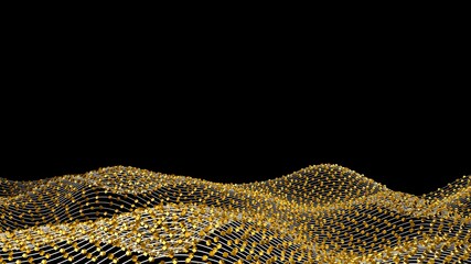 Abstract wave particles. Data science. Digital landscape. Flowing particles. Low poly background. Gold and black colors. 3d illustration.