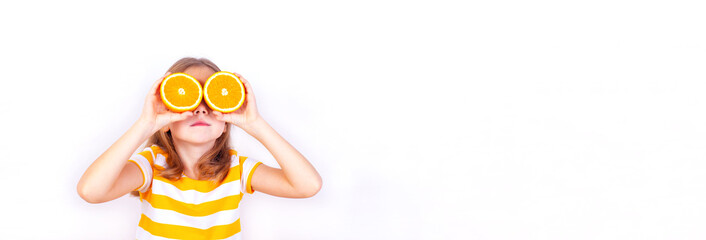 A narrow photo of a beautiful girl looking up with orange halves near her eyes.