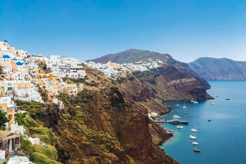 Panorama of the city of Oia on the island of Santorini. Top view. Greece
