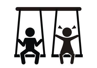 Little girl and boy on a swing , black vector icon