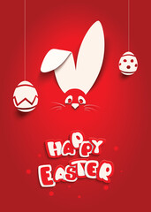 Easter Bunny card in paper cut style with eggs and text for seasonal Easter holidays greetings and invitations cards, vector illustration