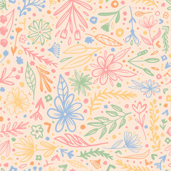 Fototapeta na wymiar Doodled vector spring summer flowers, plants, dots and hearts as seamless repeat pattern with background.