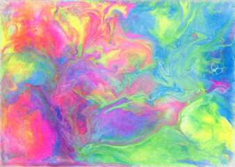 Obraz na płótnie Canvas Hand made abstract artwork. Texture in rainbow colors. Acrylic painting with bright pink, blue, green and yellow colors. Colorful abstract background with marble texture.