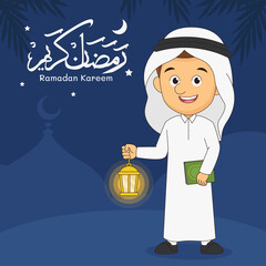 Happy Muslim Boy Holding Quran Book with beautiful ramadan kareem