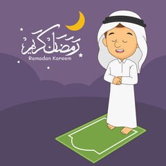 Cartoon muslim boy prayer on the rug