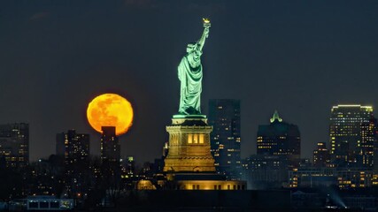 Statue of Liberty Full Moonrise, Snow Moon, 2021, Timelapse Video