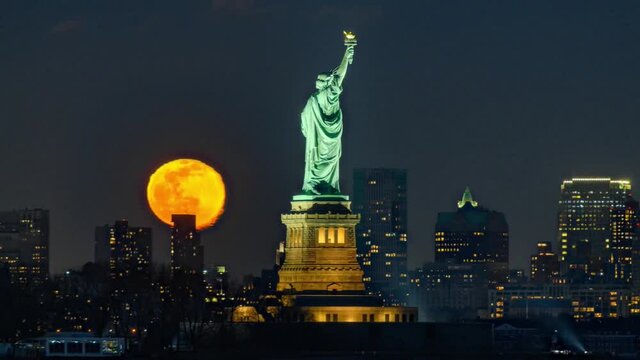 Statue of Liberty Full Moonrise, Snow Moon, 2021, Timelapse Video
