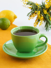 Cup of coffee and vase of glass with blooming branches of mimosa on a white background