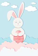 Cute easter bunny with easter egg in paper cut out style. Easter card. Vector illustration.