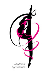 The girl is an athlete in rhythmic gymnastics. The silhouette is black on a white background. Vector, isolated.