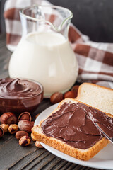 toasts with chocolate butter on a dark wooden rustic background
