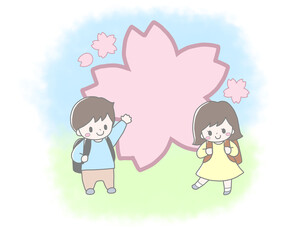 かわいい小学生2人と大きな桜の花の春の入学進級手描き風イラスト