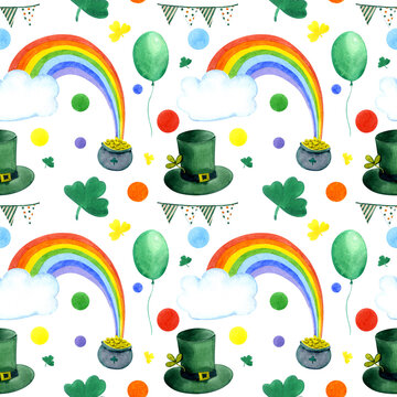 Seamless pattern. St. Patrick's Day decor. Painted with watercolors. Hat, rainbow, clover. For packaging paper or fabric.