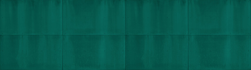 Abstract green colored corten steel facade wall with rivets, painted metal texture background banner panorama