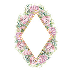 Diamond-shaped gold frame with protea flowers, tropical leaves, palm leaves, bouvardia flowers. Wedding bouquet in a frame for the design of a stylish invitation. Watercolour illustration.