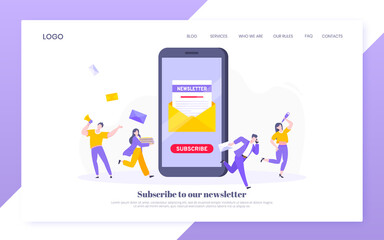 Obraz na płótnie Canvas Subscribe now to our newsletter vector illustration with tiny people working with smartphone and newsletter. Email news subscription or mail marketing business flat style design landing page concept.