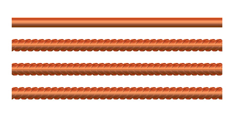 Vector illustration seamless copper rebars on white background. Set of realistic metal rods and bars for building and construction. Endless rebars. Metal reinforcement steel. Construction armature.