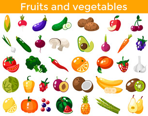 Set of fresh healthy vegetables, fruits and berries isolated. Slices of fruits and vegetables. Flat design. Organic farm illustration. Healthy lifestyle vector design elements.