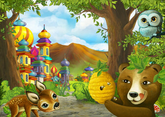 Naklejka premium Cartoon nature scene near the forest with a path and animals - illustration